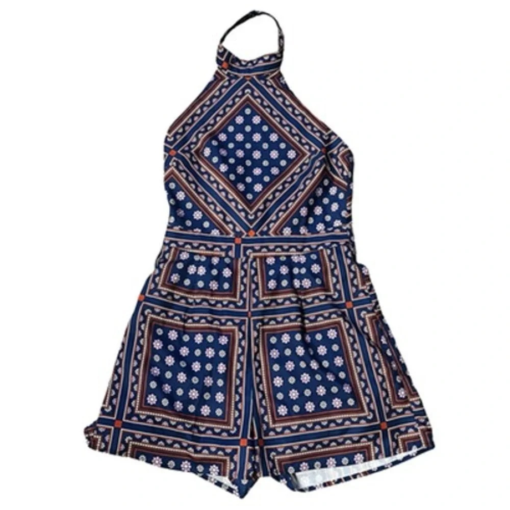 Lulus Blanca Romper Womens‎ XS Blue Geometric Floral Print Halter Lined Summer